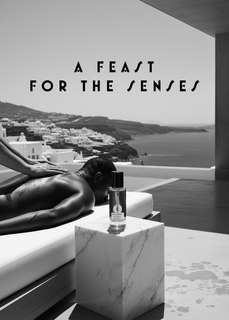 Asklepios Garden skincare bottle on a marble cube with a scenic view and 'A Feast for the Senses' text.